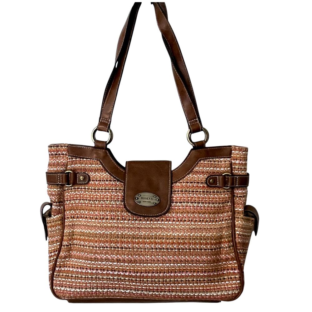Rosetti Woven Satchel Bag Womens Pink Tan Brown Jute Shoulder Handbag Purse